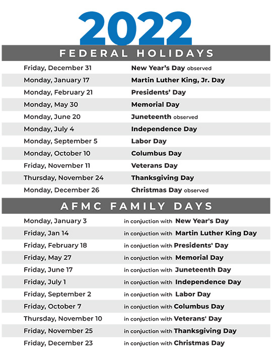 Schedule of DEERS/ID Office Closures: